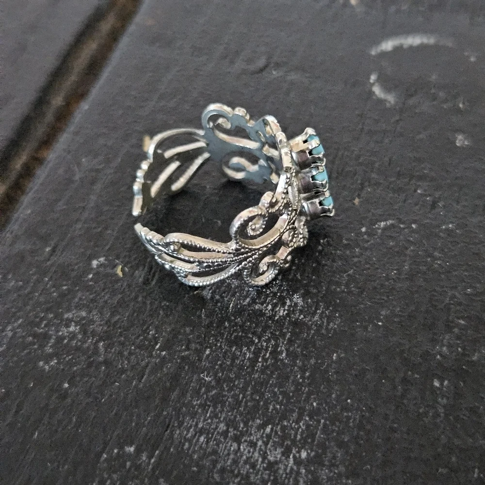 Silver and Faux Turquoise Blue Ring Filigree Adjustable One Size Women's Jewelry